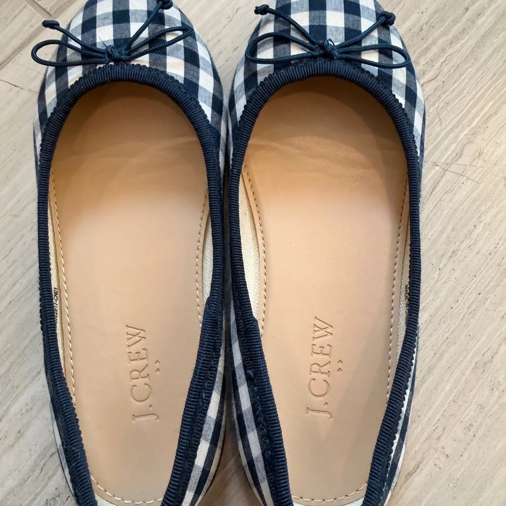 J.Crew Crewcuts Gingham Ballet Flats Bow Plaid Classic Navy White BN824 11 EUC